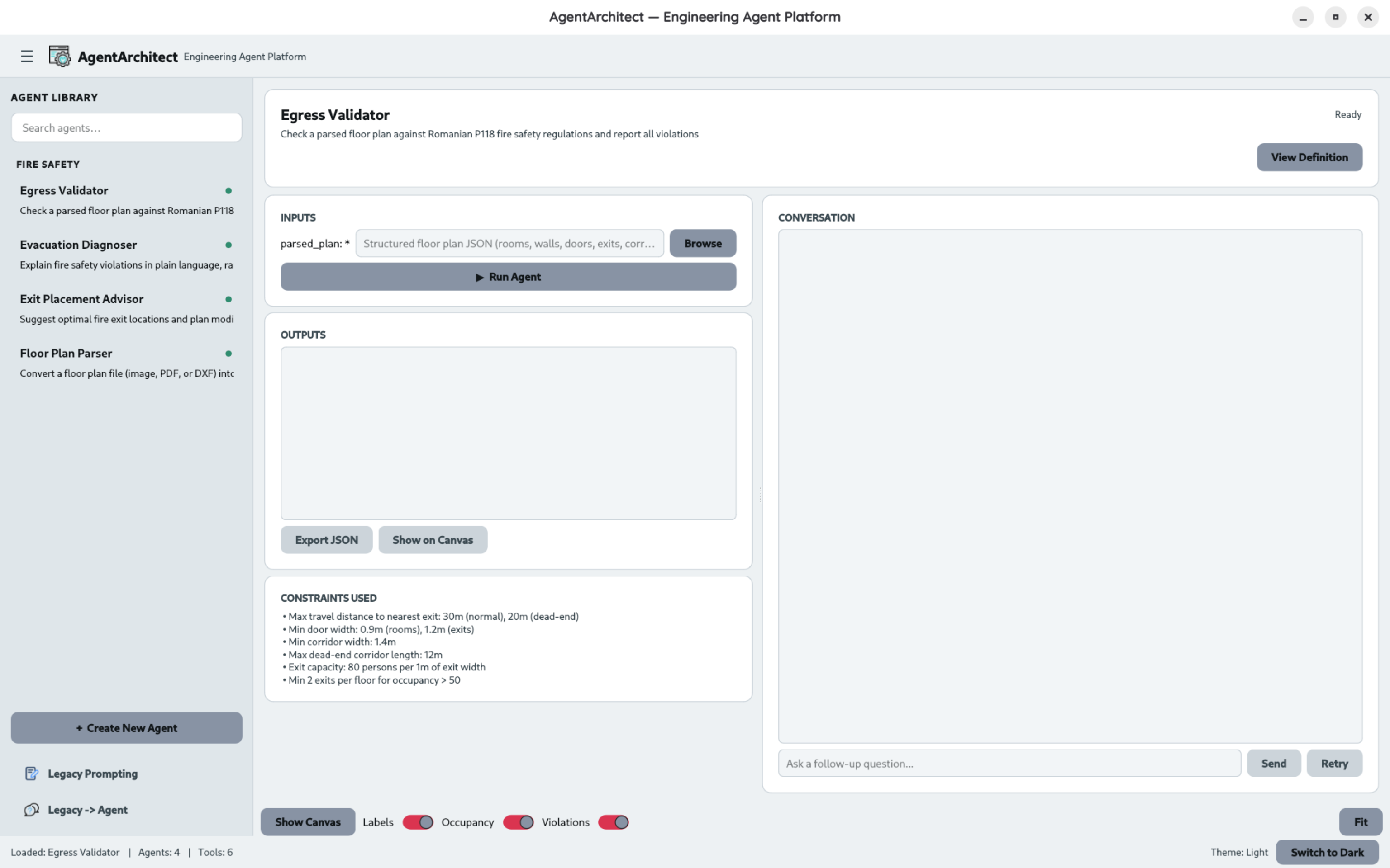 The AgentArchitect desktop app with the Egress Validator agent loaded: an agent library of four fire safety agents, the floor plan input, the P118 constraints the agent checks, and a follow-up conversation panel.