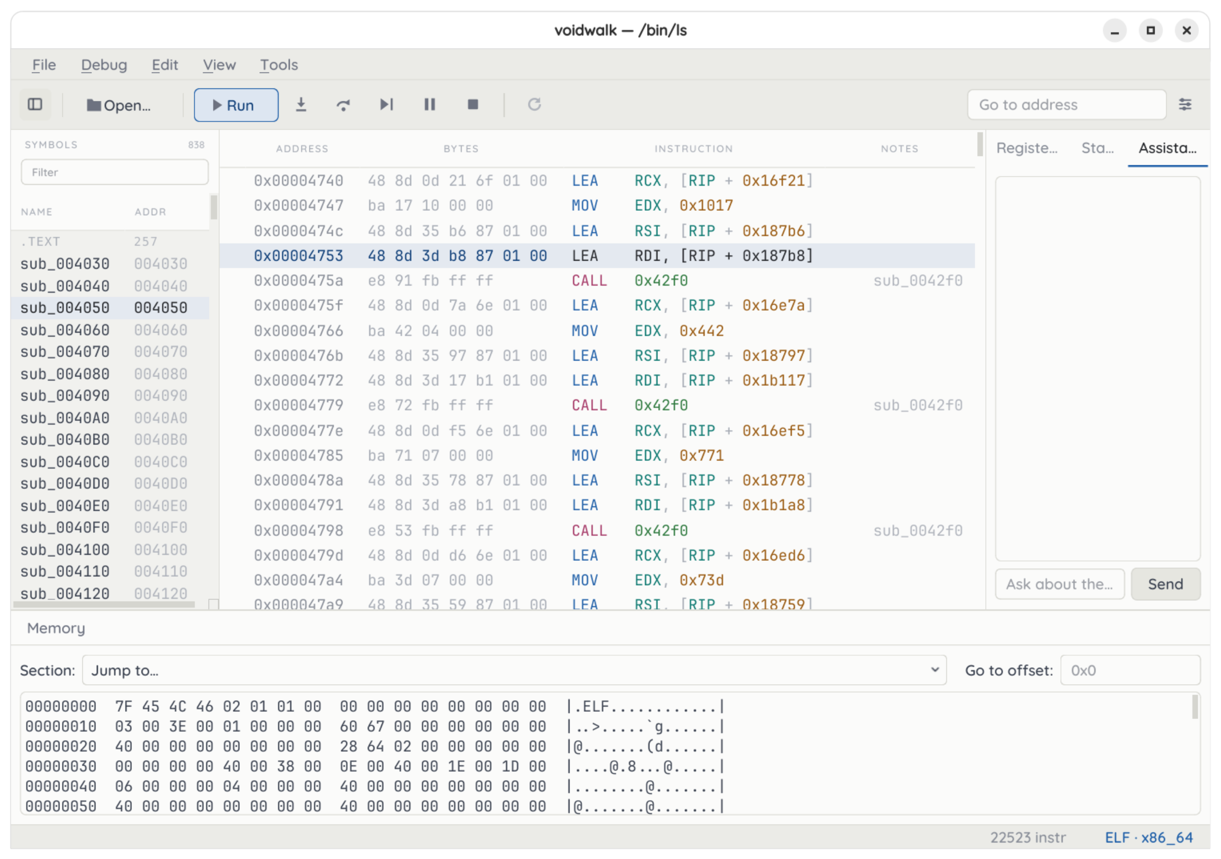 The voidwalk desktop app with /bin/ls open: a symbol list, syntax-highlighted x86-64 disassembly with addresses and bytes, and a hex view of the ELF header.
